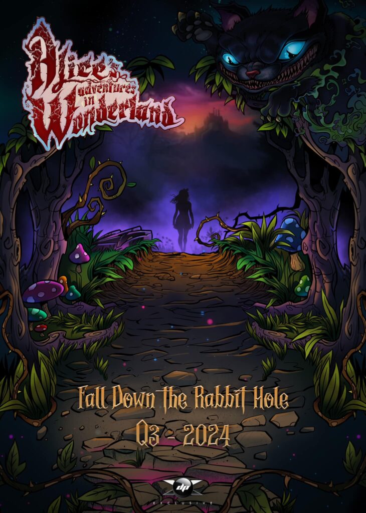 Alice’s Adventures In Wonderland pinball flyer for ACME Pinball in Australia and New Zealand